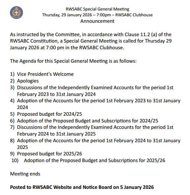 Announcement and Agenda for SGM Thursday, 29 January 7:00 pm in Club House