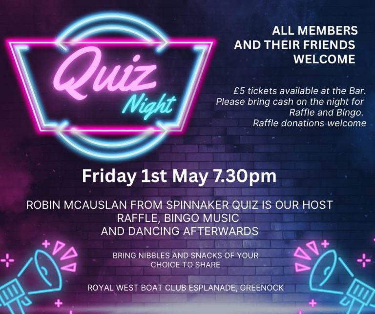 Poster advertising quiz night on Friday, 1 May 2026