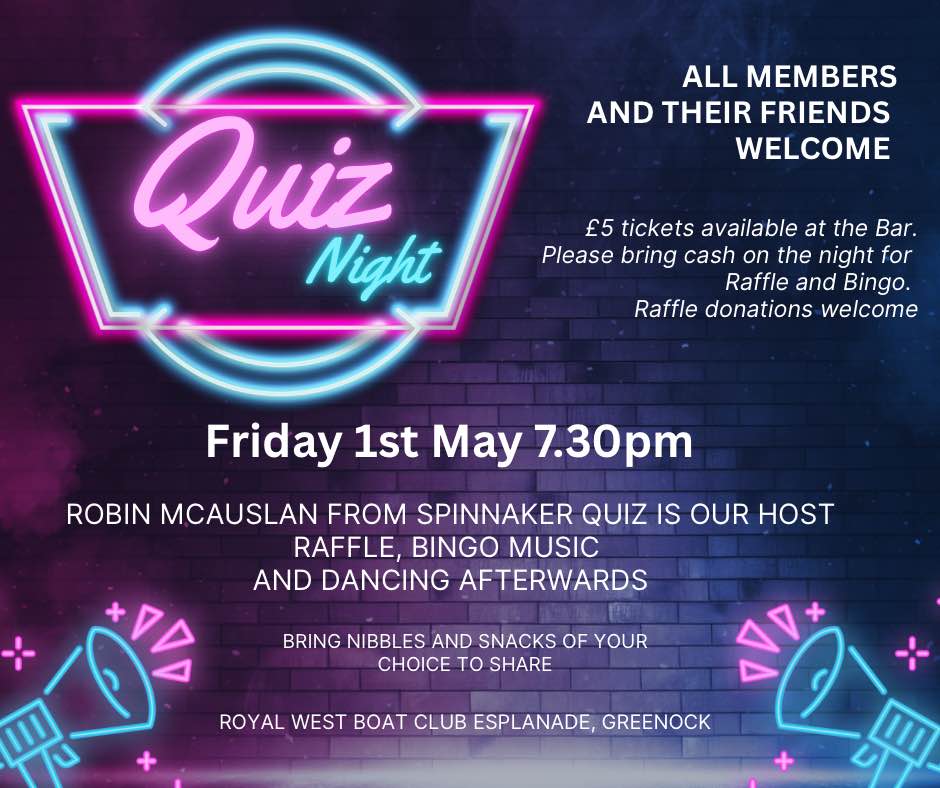 Poster advertising quiz night on Friday, 1 May 2026