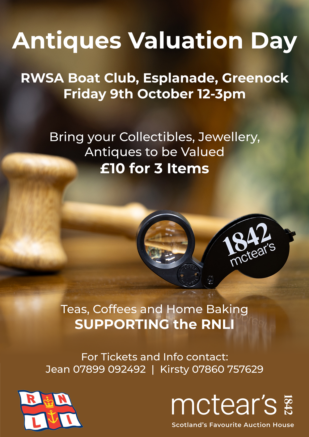Poster describing Antiques Valuation Day at RWSABC to support RNLI