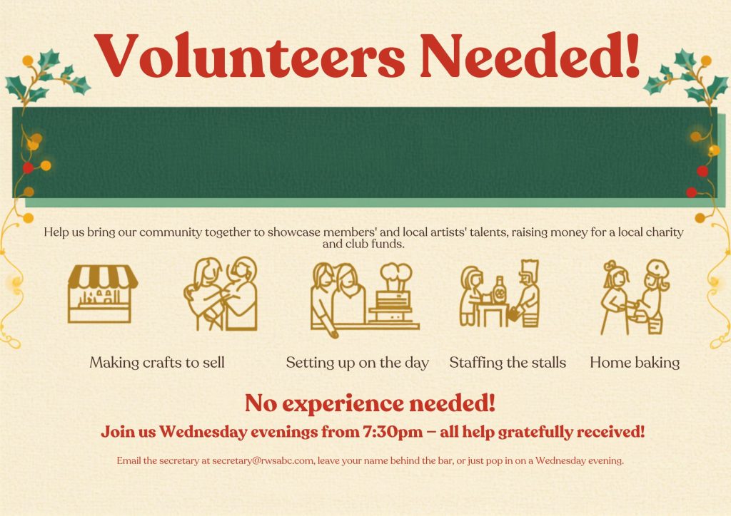 Poster seeking volunteers to help with RWSABC Christmas Fayre 2026